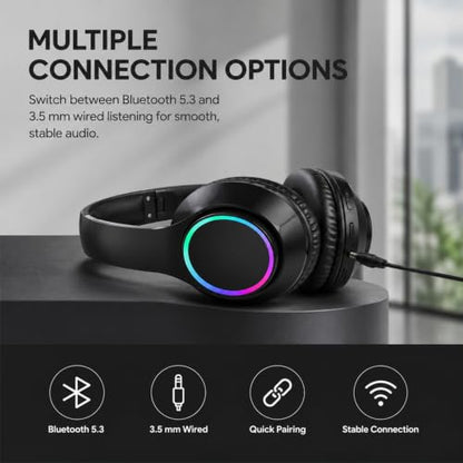 Bluetooth Headphones, Over Ear Wireless Headphones, RGB Light, Foldable Lightweight Headset with Microphone, Wireless Headphones for Cell Phone, Music, Gaming, School, Home Office