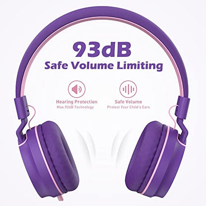 Kids Headphones for School with Microphone, 93dB Volume Limited, PinkPurple | Wired On Ear Headphones for Girls Boys, Foldable Lightweight Headphone for Classroom Learning & Entertainment Travel Computer - color: Pink Purple