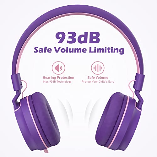 Kids Headphones for School with Microphone, 93dB Volume Limited, PinkPurple | Wired On Ear Headphones for Girls Boys, Foldable Lightweight Headphone for Classroom Learning & Entertainment Travel Computer - color: Pink Purple