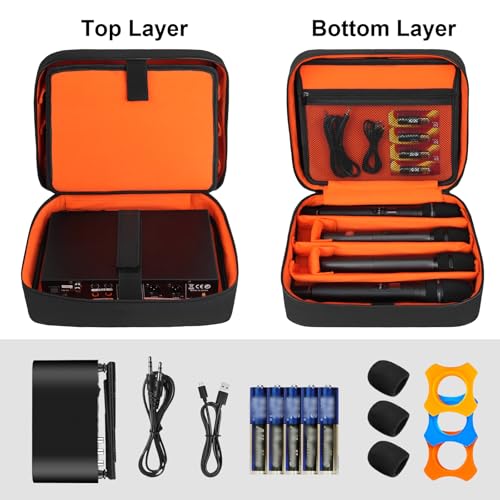 4-Slot Wireless Microphone Case | Mic Carrying Case compatible with JBL Partybox/Shure/TONOR handheld mic system, double layer organizer for receiver & cables - size: 4 Microphone Carrying Case