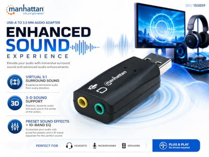 Manhattan USB Audio Adapter External Stereo Sound Card - with 3.5mm Headphone and Microphone Jack - Plug and Play, No Drivers Needed, 3D Sound - for Windows and Mac – 3 Yr Mfg Warranty – 150859 | USB sound card with mic input and speaker output, plug-and-