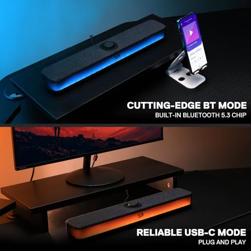 Redragon GS515 RGB Desktop Soundbar, 2.0 Stereo Enhanced Sound, BT 5.3 | 6 Dynamic Lighting Effects, Wireless & Wired Connectivity, Compact Design,Plug & Play USB Powered PC Gaming Speaker - color: Black