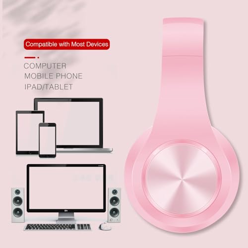 RAT TAIL V5.3 Bluetooth Headphones Over-Ear, Foldable Wireless and Wired Stereo Headset Micro SD/TF, FM for Cell Phone,PC,Soft Earmuffs &Light Weight for Prolonged Wearing (Pink) - color: Pink