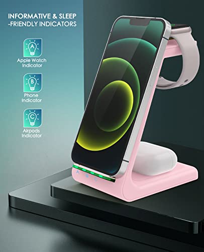 3 in 1 Wireless Charging Station, 2026 Upgraded Fast Desk Charger Station for iPhone 17 16 15 14 13 12 Pro Max Plus, Charger Stand for Apple Watch 10 9 8 7 6 5 4 3 2 SE, Airpods 4 3 2 Pro(Pink) - color: C-Pink