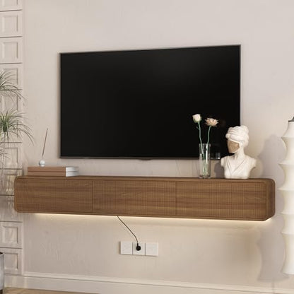 69" Wall Mount Floating Media Storage Cabinet, RGB LED Media Console, Large Storage TV Console Stand for Home Entertainment Areas, Wood