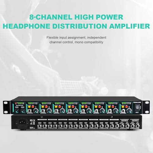 8-Channel Headphone Mixing Distribution Amplifier, Mountable High-Power Headphone Splitter Amp with Mono/Stereo Modes, 16 Headphone Outs, LED Meters for Studio & Live Sound Monitoring