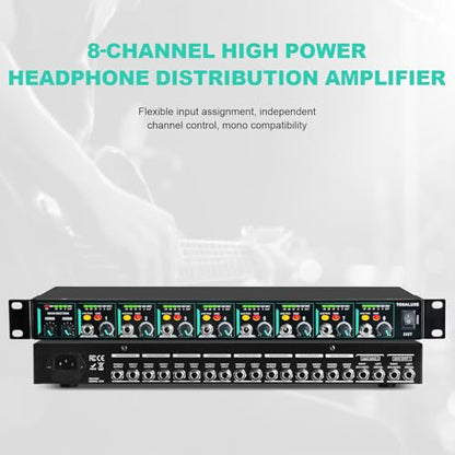 8-Channel Headphone Mixing Distribution Amplifier, Mountable High-Power Headphone Splitter Amp with Mono/Stereo Modes, 16 Headphone Outs, LED Meters for Studio & Live Sound Monitoring