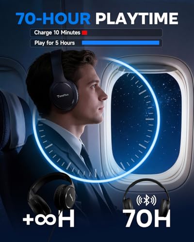 TuneFlux Bluetooth Headphones,70H Playtime Bluetooth 6.0 Wireless Headphones,3 EQ Music Modes Foldable Lightweight Over Ear Headset with Clear Call,HiFi Deep Bass for Home Office Travel (Black) - color: Black