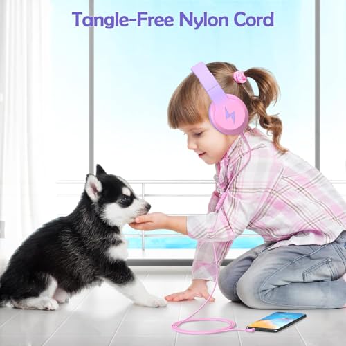 Candy Bila Wired Kids Headphones for School, Over-Ear for Boys Girls | Volume Limiter 85/94dB, HD Stereo Sound, Microphone and Wired Control, Foldable Design - color: Gradient Blue, Gradient Purple