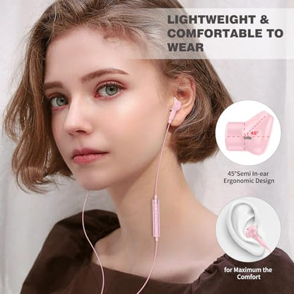 ASKUBSKU 3.5mm Headphone Wired Earbud with Mic for School Computer PC, Pink - color: Pink