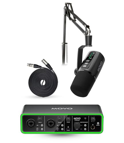Movo Music Audio Interface Bundle - Phantom USB Audio Interface, UM6 XLR/USB-C Dynamic Microphone, and Boom Arm - Professional Studio Setup for Musicians, Singers, and Producer - style: with 1 Microphone and Boom Arm