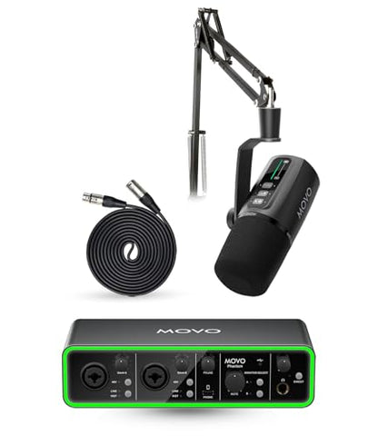 Movo Music Audio Interface Bundle - Phantom USB Audio Interface, UM6 XLR/USB-C Dynamic Microphone, and Boom Arm - Professional Studio Setup for Musicians, Singers, and Producer - style: with 1 Microphone and Boom Arm