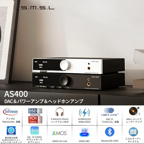 S.M.S.L AS400 HiFi Power Amplifier with Built-in DAC - 165Wx2 Stereo smsl Amplifier for Home Audio, Bluetooth LDAC aptX HD, HDMI-ARC, MM Phono, High-Res Audio smsl dac with MQA Support