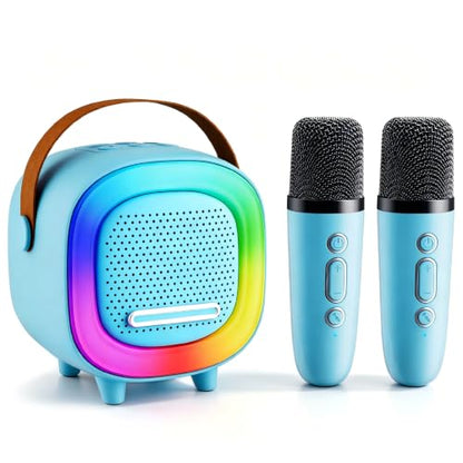 Kids Karaoke Machine Toy Ages 3-12, Mini 2 Wireless Mics Bluetooth Speaker | LED Party Lights, Voice Changer, Duets, BT 5.3, Rechargeable Portable, Christmas Birthday Gifts for Toddler Boys & Girls - color: Blue - 2 Mics