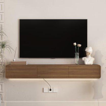 69" Wall Mount Floating Media Storage Cabinet, RGB LED Media Console, Large Storage TV Console Stand for Home Entertainment Areas, Wood