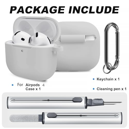 for Airpods 4th Case Cover, Come with Cleaner Kit,Soft Skin Silicone Case Cover with Keychain, Full Protective Case for Men and Women, Compatible with AirPods 4th Generation Case,Grey - color: B9-Grey
