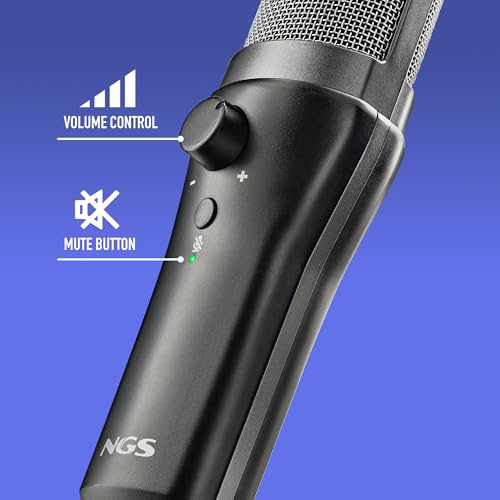 NGS MS120 USB Cardioid Microphone for Streaming, Podcast and Gaming, Latency-Free Monitoring, Volume Control, Mute Button, Plug & Play, for PC, PS4, PS5, Non-Slip Mount