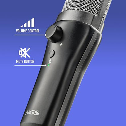 NGS MS120 USB Cardioid Microphone for Streaming, Podcast and Gaming, Latency-Free Monitoring, Volume Control, Mute Button, Plug & Play, for PC, PS4, PS5, Non-Slip Mount