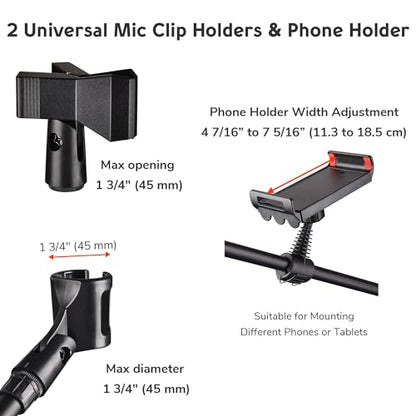 AW 2 Pack Microphone Boom Arm Stand Adjustable Tripod W/Phone Holder Dual | Mic Clip - color: Black-2 Mic Clips+Phone Holder, size: 2 pcs