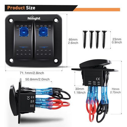 Nilight 90106B 2 Gang Rocker Switch Panel 5 Pin On Off Pre-Wired Rocker Switch Aluminum Panel Waterproof Switche Panel for 12V/24V Automotive Cars Marine Boats ATVs Trailers,2 Years Warranty , Blue - color: Blue, size: 2 Gang