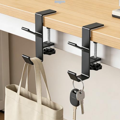 2 Pcs Headphone Holder for Desk, Double Hook Desk Hook, Bag Holder with Clamp for Table Desk Under Counter, Black - color: Black