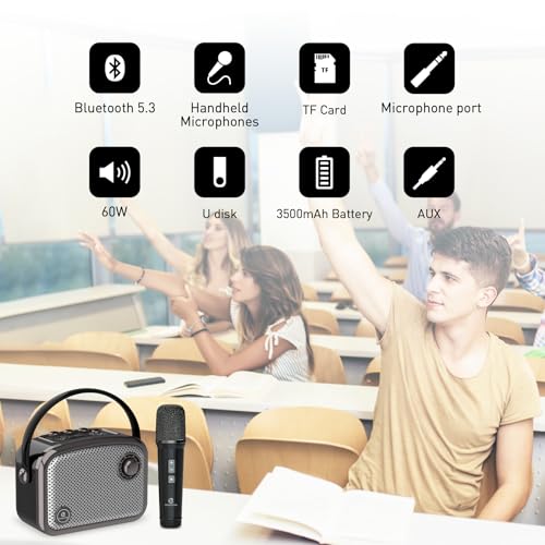 ZOWEETEK Portable Wireless Voice Amplifier UHF Handheld Mic & Bluetooth | 60W Output, Retro Design, Portable Speaker Set, PA System, for Teaching, Meeting, Public Speaking, Group Activities, Karaoke