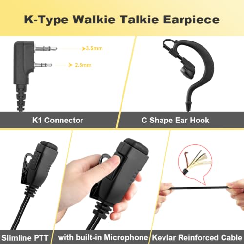 Two Way Radio Earpiece with PTT Compatible with Kenwood 2.5mm+3.5mm 2-Pin Walkie Talkie Headsets Single Wire Mic Headphone