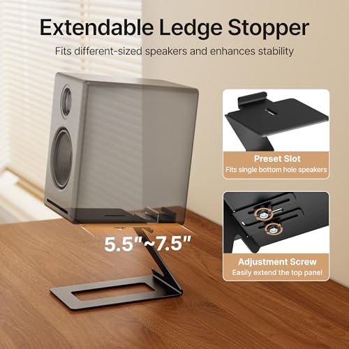 Desktop Speaker Stands, Adjustable Depth 5.5″–7.5″, 1 Pair | 17.6lbs Capacity Each, with Vibration Absorption Pads, Cantilevered Stand for Small & Medium Bookshelf Speakers, Black