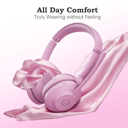 Bluetooth Wireless Headset with Mic for Work, Advanced Noise Reduction Microphone, Clear Calls - Comfortable On-Ear Headphones, Bluetooth 5.3, Applicable to Laptop, PC, Zoom, Office(Pink) - color: Pink