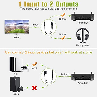 1x2 Digital Audio Splitter, Toslink Digital Fiber Optic Audio Splitter 1 Male Input 2 Female Output (for Home Theatre, Xbox, PS3/PS4) - color: straight plug