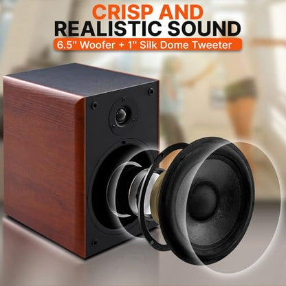 Pyle 6.5" Home Audio Speakers, 2-Way Passive Bookshelf, 240W Max Power, 1" Silk Dome Tweeter, Composite Woofer, Gold Plated 5 Way Binding Post, Rubber Surrounds, Beautiful Wood Grain Finish - Pair - color: Natural, size: 6 inch