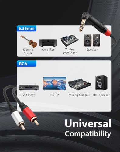 CERRXIAN 1/4" to Dual RCA Audio Cable, 90 Degree 6.35 mm TRS Stereo Male to 2 RCA Male Y Splitter Cable for AV Receivers, Speakers, Home Audio Systems, Amplifiers - 1.64 Feet - color: 1.64 FT
