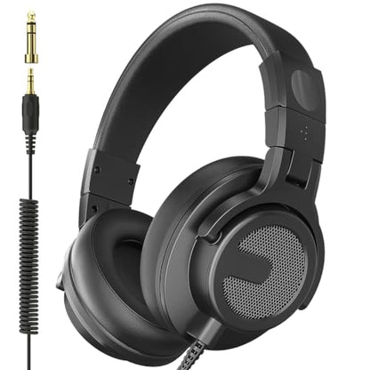 Wired Over Ear Headphones, DJ & Studio Monitor Headphones with 50mm Driver, Stereo Headsets with 1/4 and 3.5mm Jack for Recording Mixing Podcast Keyboard Guitar Laptop - Black