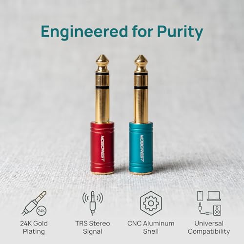 MOBOREST 1/4 to 3.5mm Audio Headphone Adapter, Pure Copper (1Red & 1Blue) | 6.35mm Male to 1/8(3.5mm) Female adapter connectors for lossless TRS sound, guitar amp, piano, keyboard, mixer, studio - color: 1RED+1BLUE