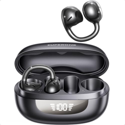 SUPERONE Open Ear Clip-On Earbuds with Air Cushion & Digital LED Display | Earbuds Wireless Bluetooth 6.0, 42H Playtime Clip On Headphones, IPX5 Sweatproof Clip On Earbuds for Running Cycling Workout