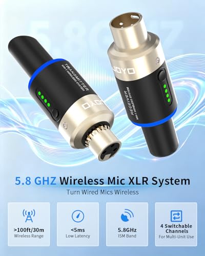 JOYO 5.8Ghz Wireless Microphone System 4 Channels XLR Transmitter Receiver Plug-on Mic Adapter for Dynamic/Phantom-Powered Condenser Live Sound, Studio, Church, Audio Mixer, PA System (MW-1A)
