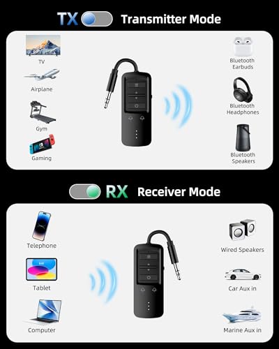 Airplane Bluetooth Transmitter Receiver for 2 Headphones, Black | Wireless Audio Adapter for Plane, TV, Gym, Travel, Compatible with 3.5mm Aux Jack on Car and Home Stereo - color: Black