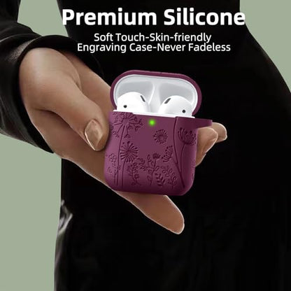 Lerobo for AirPod Case 2nd/1st Generation with Keychain | Flower Engraved Soft Silicone Cover for AirPods 2 Case, Wireless Charging, Shockproof, One-piece Design, Easy to Clean - color: Purplish Red