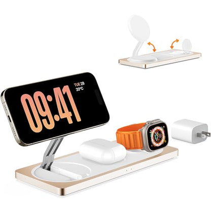 3 in 1 Wireless Charging Station for Apple Devices with MagSafe | For iPhone 17/Air/16/15/14/13/12, AirPods & Apple Watch, Foldable Portable Aluminum Charging Stand, Adapter Included - color: Golden