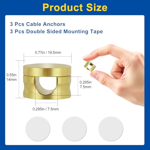3 Pack Upgraded Cord Management Clips with Extra-Large Adhesive | Base, Stronger Hold Phone Charger Holder for Nightstand, Premium Aluminum Gold Sticky USB Wire Organizer Cable Clips for Desk