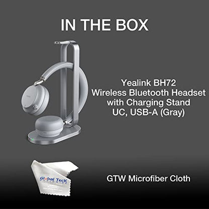 Yealink BH72 Bluetooth Headset UC with Charging Stand, USB-A (Grey) - GTW Bundle Yealink Wireless Headset with Global Teck Microfiber Cloth - Compatible for Office and Home Use - color: Grey - w/ Charging Stand, size: UC Version