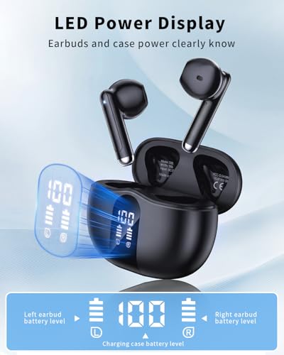 Wireless Earbuds, 2026 Bluetooth 5.4 Headphones Bass Stereo Ear Buds with Noise Cancelling Mic, LED Display in Ear Earphones 50H Playtime Ear Buds, IP7 Waterproof for Laptop Pad Phones Night Black - color: Night Black