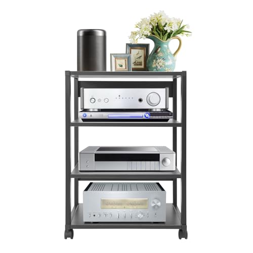 4-Tier AV Stand, Audio Video Media Rack with Lockable Wheels, 88 Lbs Capacity Audio Rack Shelf for Record Player, Stereo Receiver, Living Room, Black (4-Tier) - size: 4-Tier