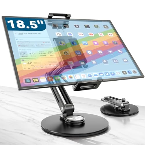 Portable Monitor Stand Large Clamp - Heavy Duty Aluminum Body Support up to 4.4LBS 16" 17.3" 18.5 inch 360° Rotating Base Swivel Foldable Desk Stand for iPad Holder Tablet Mount for Kitchen/Travel - size: Up to 18.4''