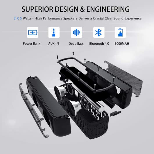 Solar Bluetooth Speaker 60 Hours Play Time 5000mAh Power Bank Outdoor Portable Wireless Dual Speaker with Mic Stereo Sound Bass, for Home, Hiking, Travel, Riding, Beach, Camping-Black