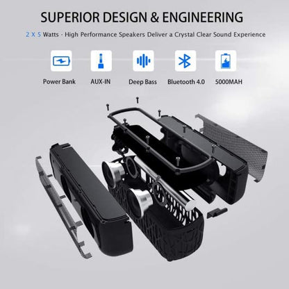 Solar Bluetooth Speaker 60 Hours Play Time 5000mAh Power Bank Outdoor Portable Wireless Dual Speaker with Mic Stereo Sound Bass, for Home, Hiking, Travel, Riding, Beach, Camping-Black