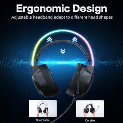 Gaming Headset with Microphone, Cat Ear Headphones for PC Laptop PS4 PS5 Xbox Switch, Rainbow RGB Lighting & Virtual Surround Sound, 3.5mm Wired Over Ear Headphones, Ergonomic - color: Black Cat Ear