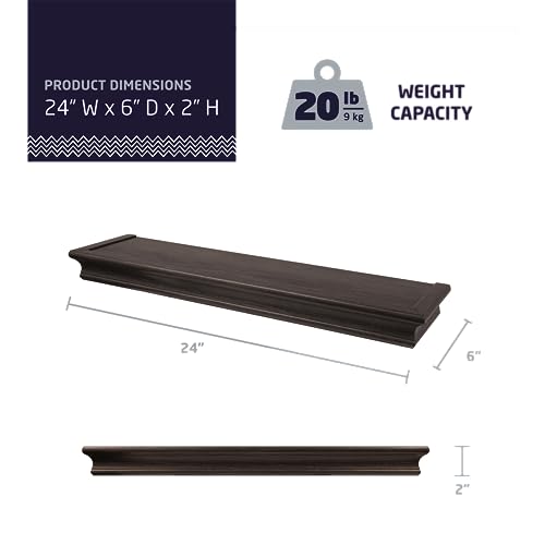 High & Mighty Floating Shelf, 24in x 6in, 1 Pack, Espresso | Beveled design, holds up to 20lb, tool-free drywall mounting for displaying books, plants, photos, and decor - style: Retail Packaging