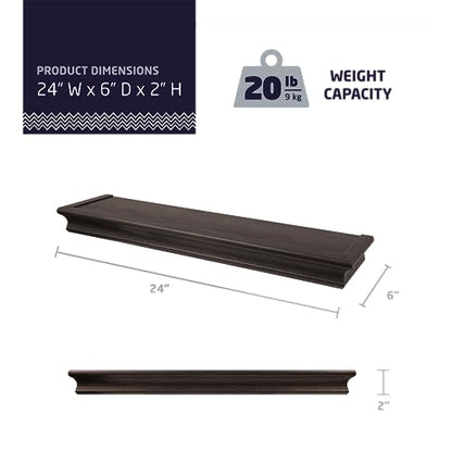 High & Mighty Floating Shelf, 24in x 6in, 1 Pack, Espresso | Beveled design, holds up to 20lb, tool-free drywall mounting for displaying books, plants, photos, and decor - style: Retail Packaging