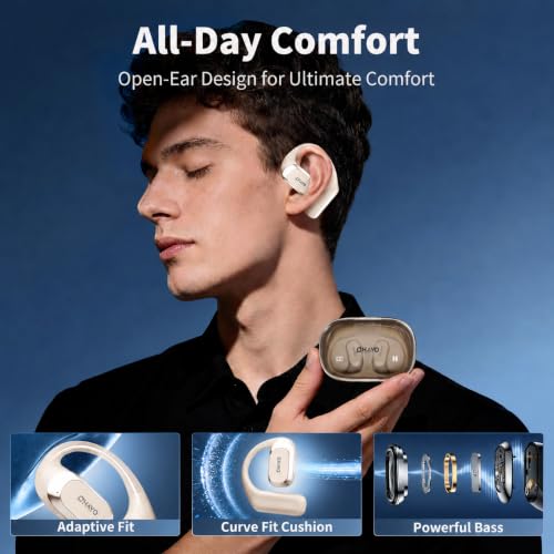OHAYO Open Ear Headphones,Earbuds with Ergonomic Earhook,Bluetooth Headphones 5.4 with Smart Digital Display,40H Playtime,IPX6 Waterproof,Touch Control Earphones Fit Cycling,Running,Workout(Beige) - color: Beige